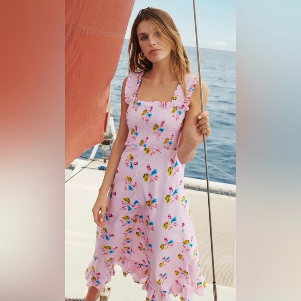 GANNI | Smocked Pink Floral Midi Dress, Size FR 34/US 2 100% Cotton